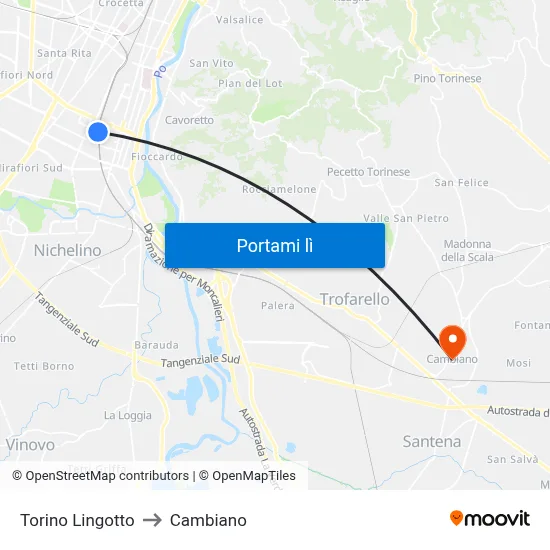 Torino Lingotto to Cambiano map