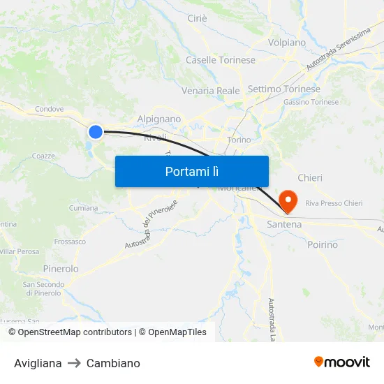 Avigliana to Cambiano map