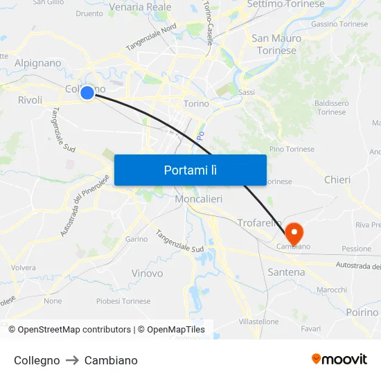 Collegno to Cambiano map