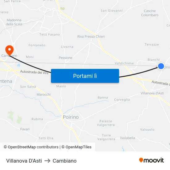 Villanova D'Asti to Cambiano map