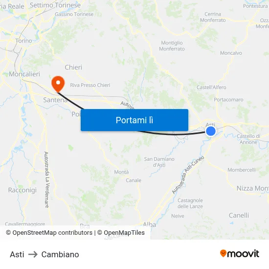 Asti to Cambiano map