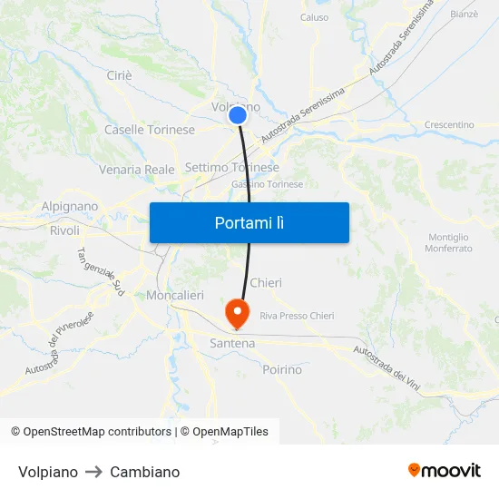 Volpiano to Cambiano map