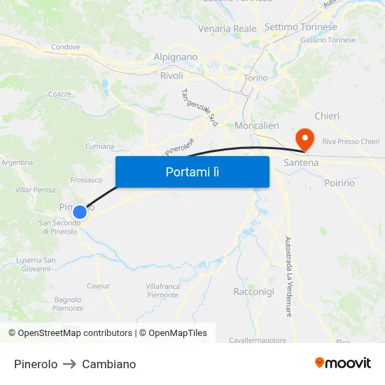 Pinerolo to Cambiano map