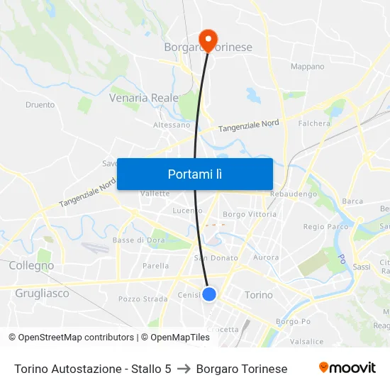 Torino Autostazione - Stallo 5 to Borgaro Torinese map