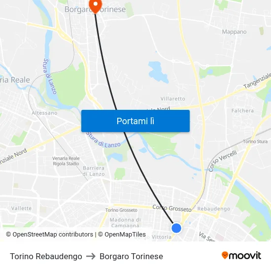 Torino Rebaudengo to Borgaro Torinese map