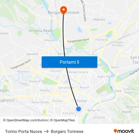 Torino Porta Nuova to Borgaro Torinese map