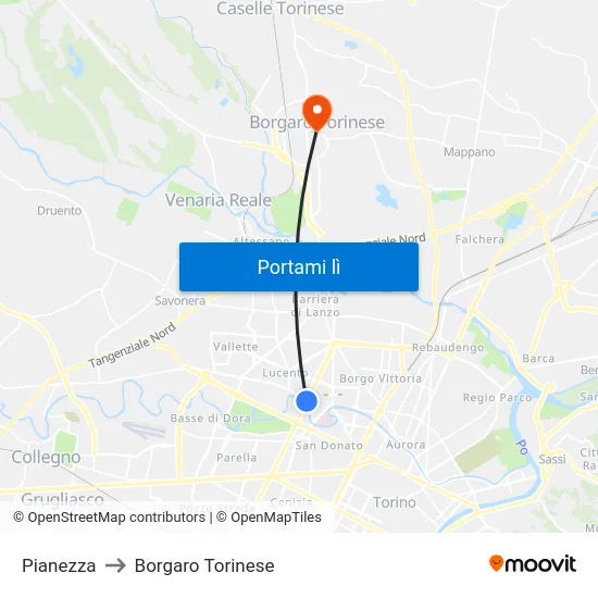 Pianezza to Borgaro Torinese map
