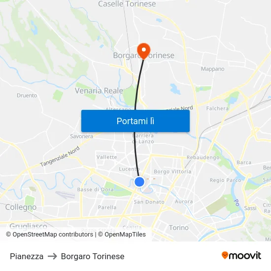 Pianezza to Borgaro Torinese map