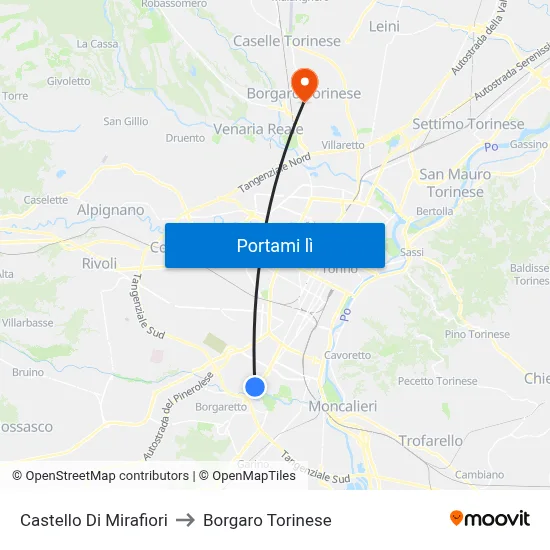 Castello Di Mirafiori to Borgaro Torinese map