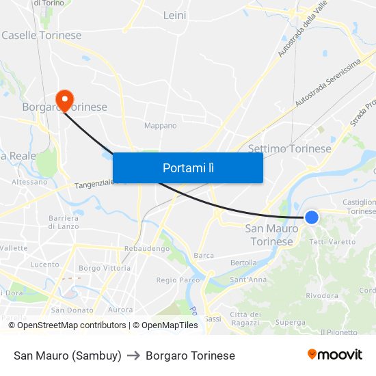 San Mauro (Sambuy) to Borgaro Torinese map