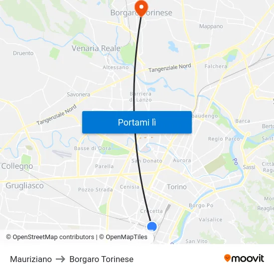 Mauriziano to Borgaro Torinese map
