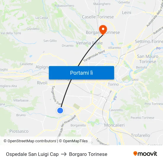 Ospedale San Luigi Cap to Borgaro Torinese map
