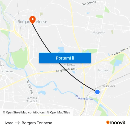 Ivrea to Borgaro Torinese map