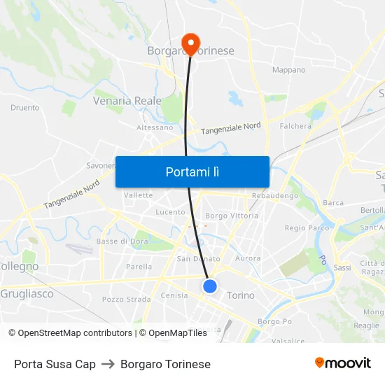 Porta Susa Cap to Borgaro Torinese map