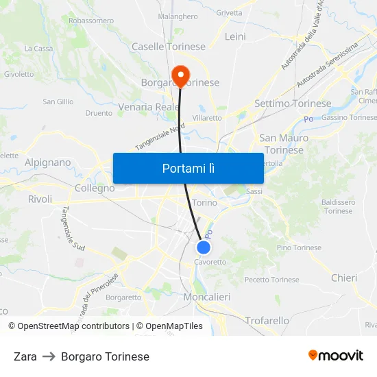 Zara to Borgaro Torinese map