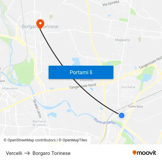 Vercelli to Borgaro Torinese map