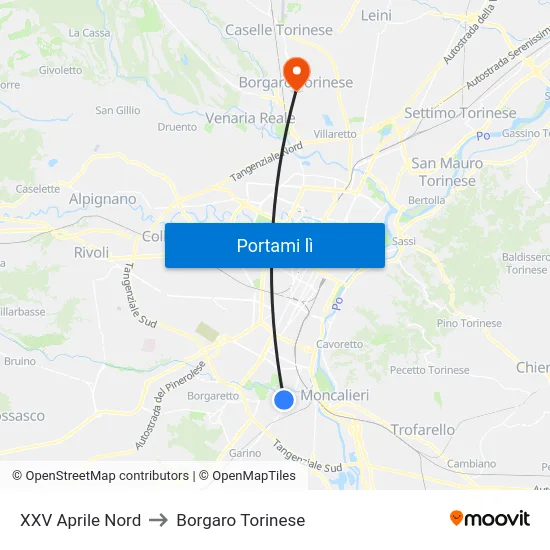 XXV Aprile Nord to Borgaro Torinese map