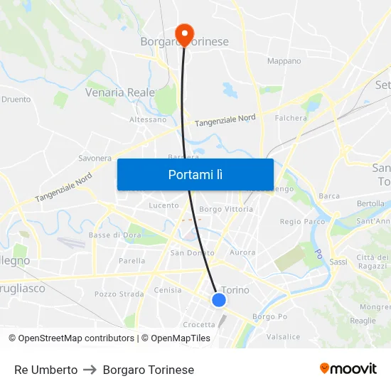 Re Umberto to Borgaro Torinese map