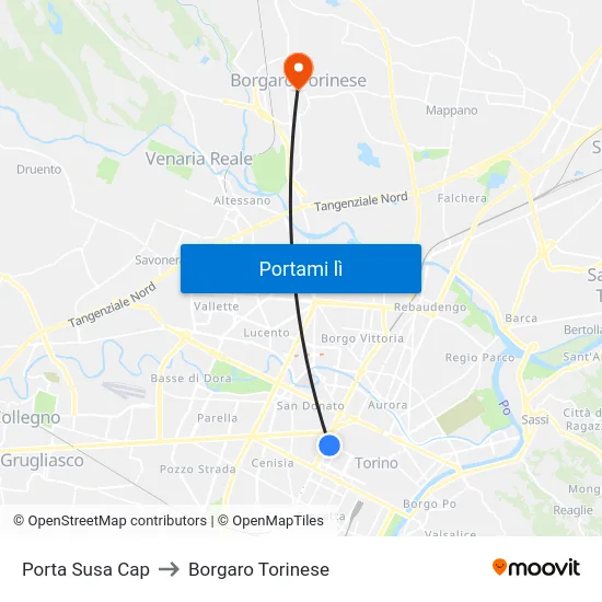 Porta Susa Cap to Borgaro Torinese map