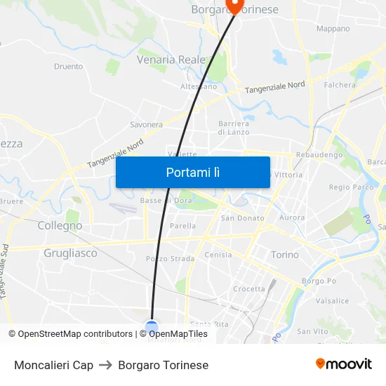 Moncalieri Cap to Borgaro Torinese map