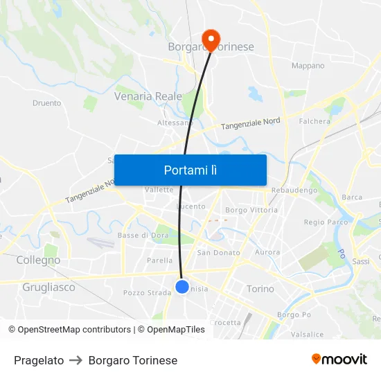 Pragelato to Borgaro Torinese map