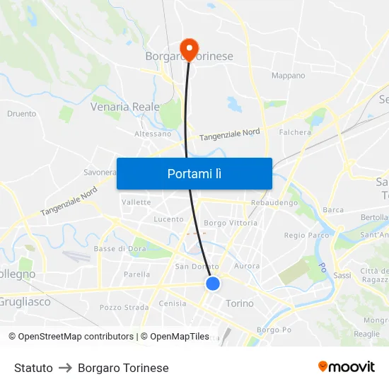 Statuto to Borgaro Torinese map