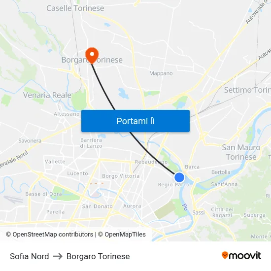 Sofia Nord to Borgaro Torinese map