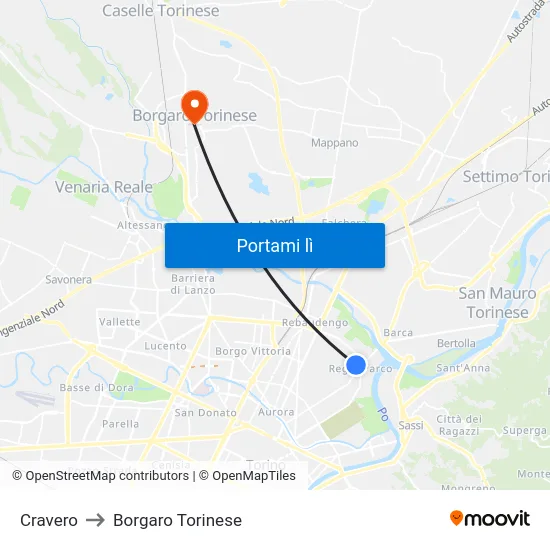Cravero to Borgaro Torinese map