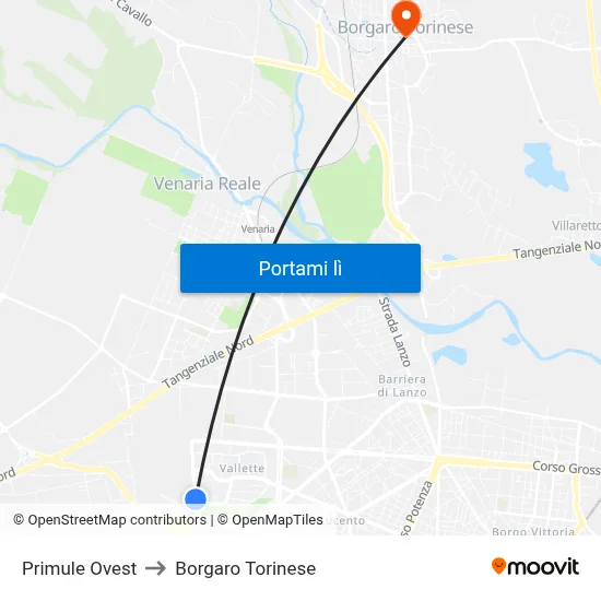 Primule Ovest to Borgaro Torinese map