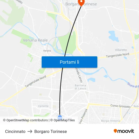 Cincinnato to Borgaro Torinese map