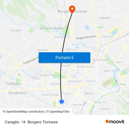 Caraglio to Borgaro Torinese map