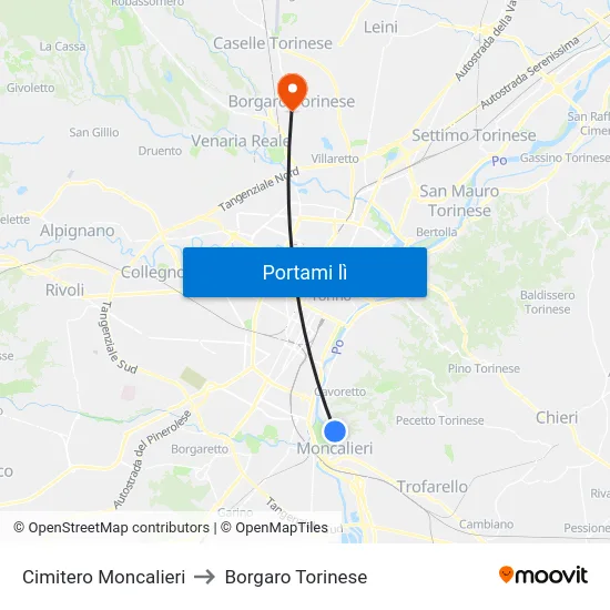 Cimitero Moncalieri to Borgaro Torinese map