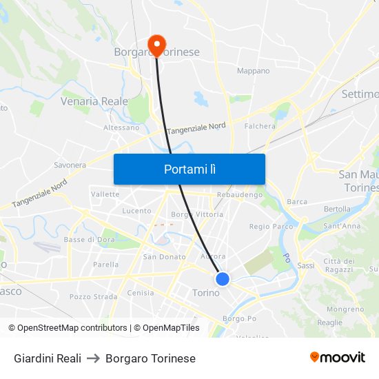 Giardini Reali to Borgaro Torinese map