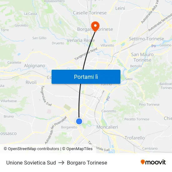 Unione Sovietica Sud to Borgaro Torinese map