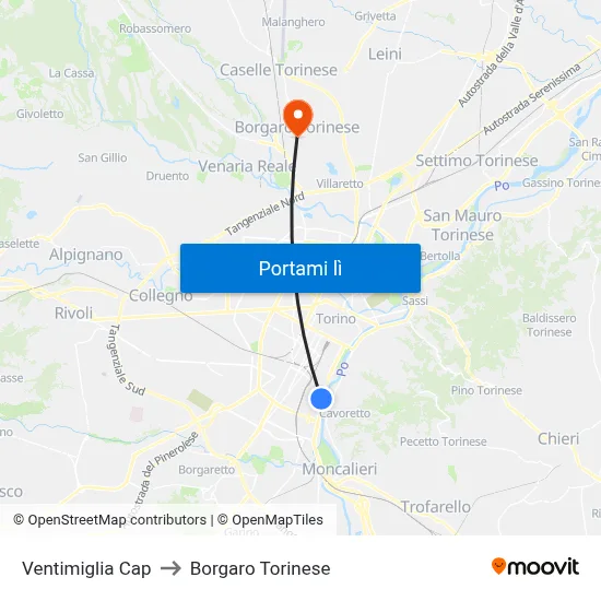 Ventimiglia Cap to Borgaro Torinese map