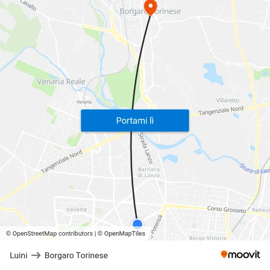 Luini to Borgaro Torinese map