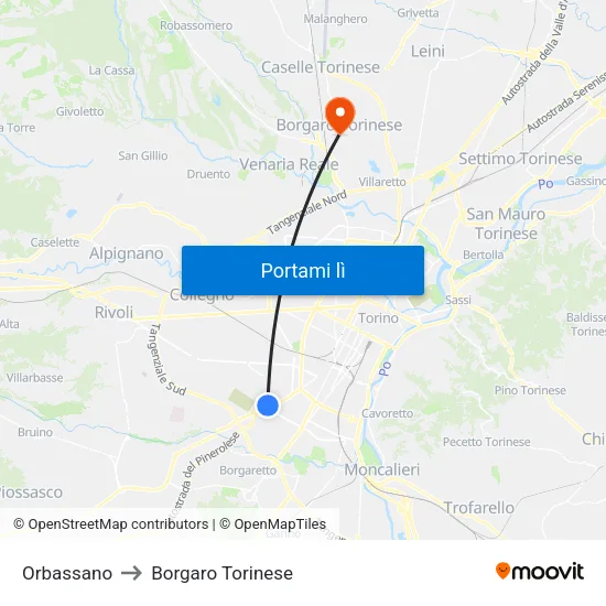 Orbassano to Borgaro Torinese map