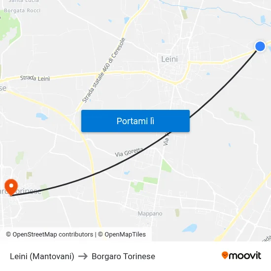 Leini (Mantovani) to Borgaro Torinese map