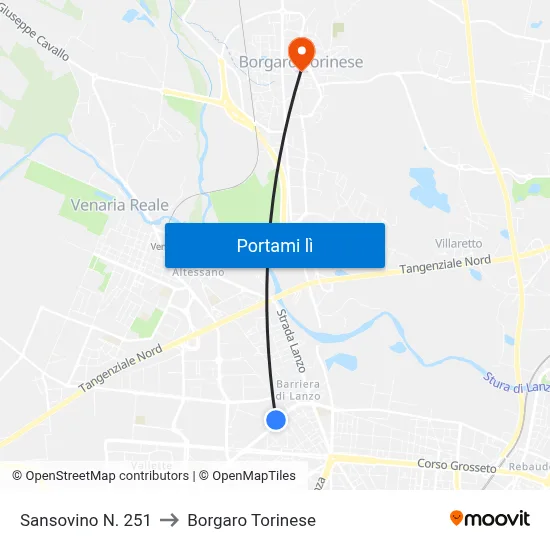 Sansovino N. 251 to Borgaro Torinese map