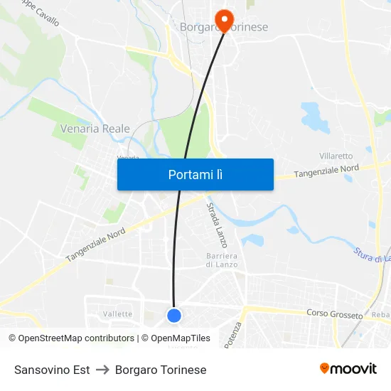 Sansovino Est to Borgaro Torinese map
