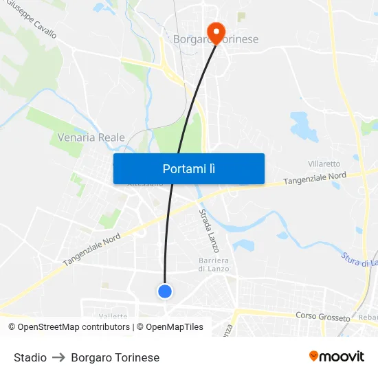 Stadio to Borgaro Torinese map