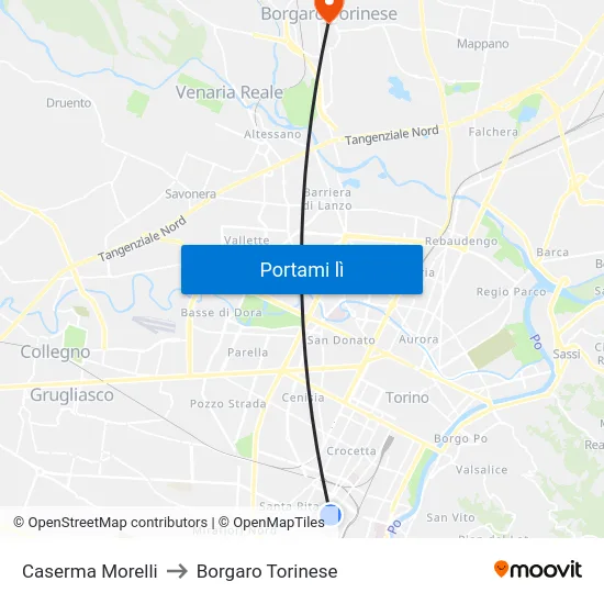 Caserma Morelli to Borgaro Torinese map
