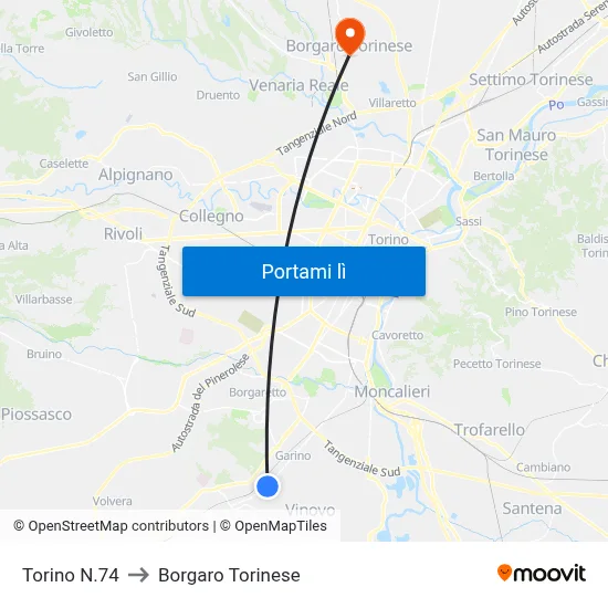 Torino N.74 to Borgaro Torinese map