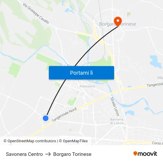 Savonera Centro to Borgaro Torinese map