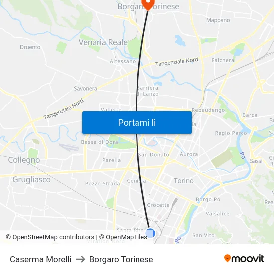 Caserma Morelli to Borgaro Torinese map