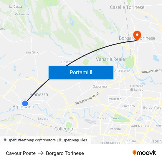 Cavour Poste to Borgaro Torinese map