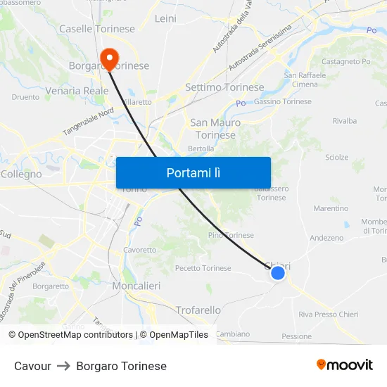 Cavour to Borgaro Torinese map