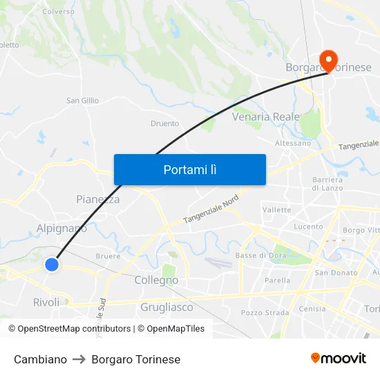 Cambiano to Borgaro Torinese map