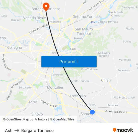 Asti to Borgaro Torinese map
