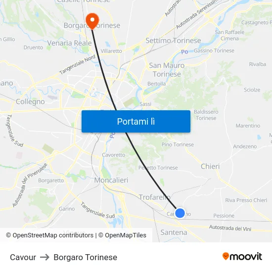 Cavour to Borgaro Torinese map